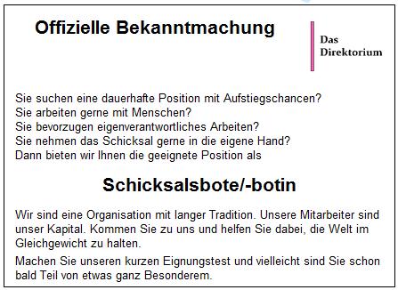 Stellenanzeige für neue Schicksalsboten Stellenanzeige für neue Schicksalsboten